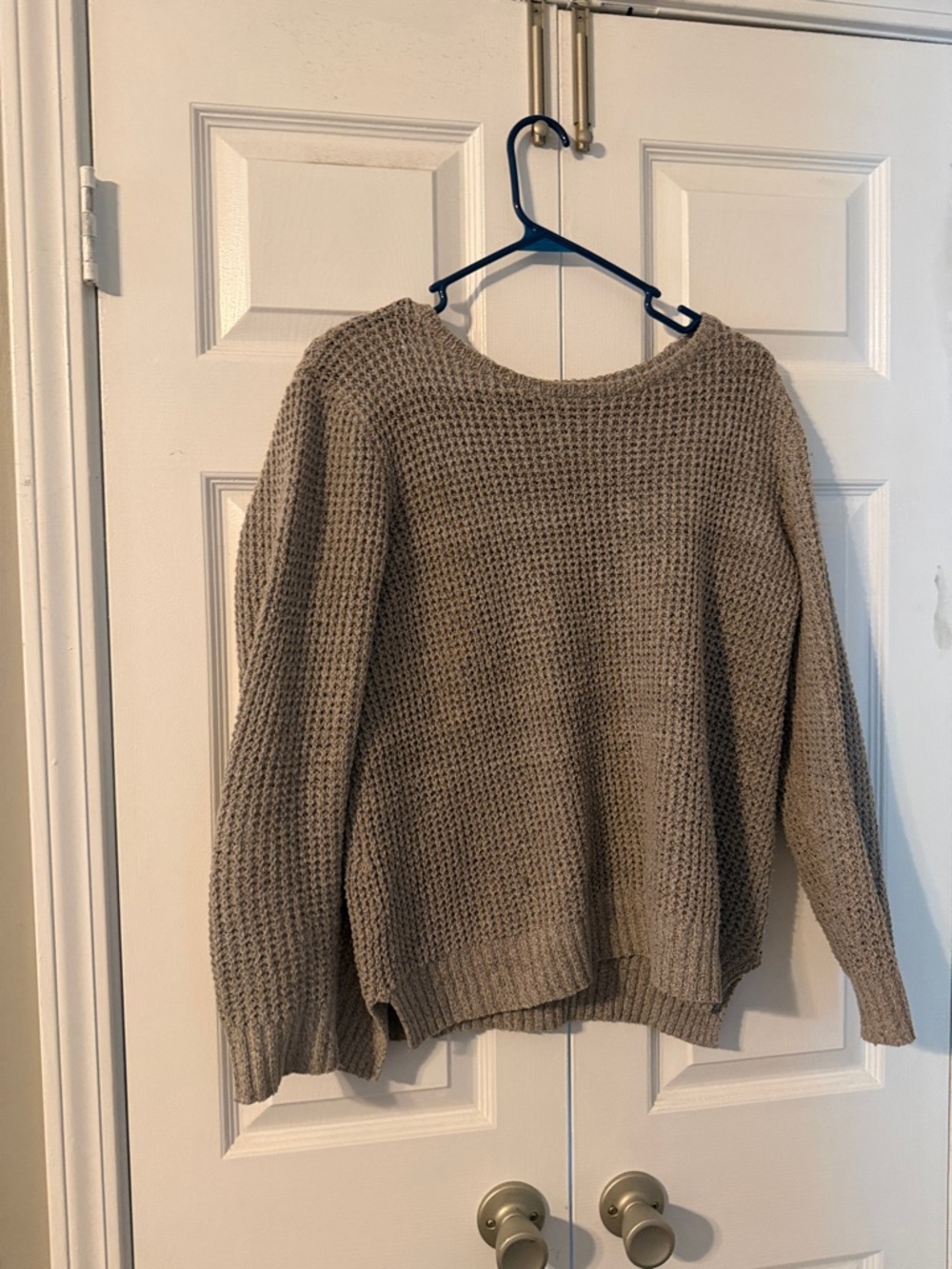Pink Clover Waffle-Knit Crewneck Sweater in Taupe